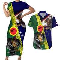 Manu'a Island and American Samoa Couples Matching Short Sleeve Bodycon Dress and Hawaiian Shirt Rooster and Eagle Mascot LT03 Green - Polynesian Pride