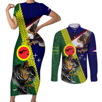 Manu'a Island and American Samoa Couples Matching Short Sleeve Bodycon Dress and Long Sleeve Button Shirt Rooster and Eagle Mascot LT03 Green - Polynesian Pride
