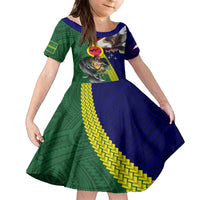 Manu'a Island and American Samoa Family Matching Off The Shoulder Long Sleeve Dress and Hawaiian Shirt Rooster and Eagle Mascot LT03 Daughter's Dress Green - Polynesian Pride