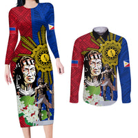 Philippines Lapu-Lapu Couples Matching Long Sleeve Bodycon Dress and Long Sleeve Button Shirt Filipino Sun Tattoo With Yakan Pattern LT03 Red - Polynesian Pride