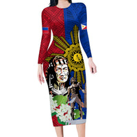 Philippines Lapu-Lapu Family Matching Long Sleeve Bodycon Dress and Hawaiian Shirt Filipino Sun Tattoo With Yakan Pattern LT03 Mom's Dress Red - Polynesian Pride