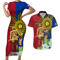 Philippines Lapu Lapu King Jasmine Flowers Couples Matching Short Sleeve Bodycon Dress and Hawaiian Shirt Filipino Sun Tattoo LT03 Red - Polynesian Pride
