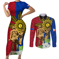 Philippines Lapu Lapu King Jasmine Flowers Couples Matching Short Sleeve Bodycon Dress and Long Sleeve Button Shirt Filipino Sun Tattoo LT03 Red - Polynesian Pride