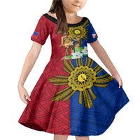 Philippines Lapu Lapu King Jasmine Flowers Family Matching Mermaid Dress and Hawaiian Shirt Filipino Sun Tattoo LT03 Daughter's Dress Red - Polynesian Pride