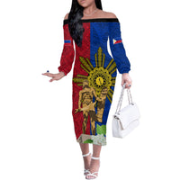 Philippines Lapu Lapu King Jasmine Flowers Family Matching Off The Shoulder Long Sleeve Dress and Hawaiian Shirt Filipino Sun Tattoo LT03 Mom's Dress Red - Polynesian Pride