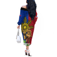 Philippines Lapu Lapu King Jasmine Flowers Off The Shoulder Long Sleeve Dress Filipino Sun Tattoo LT03 - Polynesian Pride