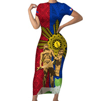 Philippines Lapu Lapu King Jasmine Flowers Short Sleeve Bodycon Dress Filipino Sun Tattoo LT03 Long Dress Red - Polynesian Pride
