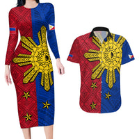 Philippines Sun Batok Tattoo Couples Matching Long Sleeve Bodycon Dress and Hawaiian Shirt Polynesian and Yakan Pattern LT03 Red - Polynesian Pride