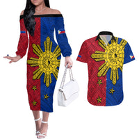 Philippines Sun Batok Tattoo Couples Matching Off The Shoulder Long Sleeve Dress and Hawaiian Shirt Polynesian and Yakan Pattern LT03 Red - Polynesian Pride