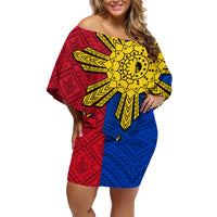 Philippines Sun Batok Tattoo Family Matching Off Shoulder Short Dress and Hawaiian Shirt Polynesian and Yakan Pattern LT03 Mom's Dress Red - Polynesian Pride