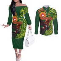 Proud of Manu'a Islands Couples Matching Off The Shoulder Long Sleeve Dress and Long Sleeve Button Shirt Rooster and Polynesian Art Wing Style LT03 Green - Polynesian Pride