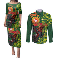 Proud of Manu'a Islands Couples Matching Puletasi and Long Sleeve Button Shirt Rooster and Polynesian Art Wing Style LT03 Green - Polynesian Pride