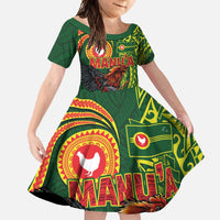 Proud of Manu'a Islands Family Matching Long Sleeve Bodycon Dress and Hawaiian Shirt Rooster and Polynesian Art Wing Style LT03 Daughter's Dress Green - Polynesian Pride