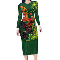Proud of Manu'a Islands Family Matching Long Sleeve Bodycon Dress and Hawaiian Shirt Rooster and Polynesian Art Wing Style LT03 Mom's Dress Green - Polynesian Pride