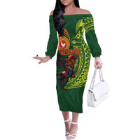 Proud of Manu'a Islands Family Matching Off The Shoulder Long Sleeve Dress and Hawaiian Shirt Rooster and Polynesian Art Wing Style LT03 Mom's Dress Green - Polynesian Pride