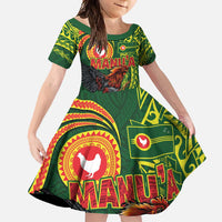 Proud of Manu'a Islands Family Matching Off Shoulder Maxi Dress and Hawaiian Shirt Rooster and Polynesian Art Wing Style LT03 Daughter's Dress Green - Polynesian Pride