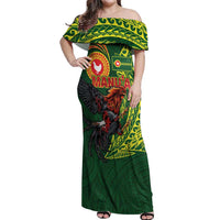 Proud of Manu'a Islands Off Shoulder Maxi Dress Rooster and Polynesian Art Wing Style LT03 Women Green - Polynesian Pride