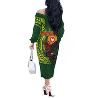 Proud of Manu'a Islands Off The Shoulder Long Sleeve Dress Rooster and Polynesian Art Wing Style LT03 - Polynesian Pride