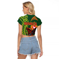 Proud of Manu'a Islands Raglan Cropped T Shirt Rooster and Polynesian Art Wing Style LT03 - Polynesian Pride