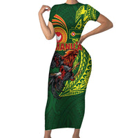 Proud of Manu'a Islands Short Sleeve Bodycon Dress Rooster and Polynesian Art Wing Style LT03 Long Dress Green - Polynesian Pride