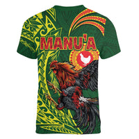 Proud of Manu'a Islands Women V-Neck T-Shirt Rooster and Polynesian Art Wing Style LT03 - Polynesian Pride