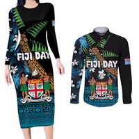 Fiji Day Couples Matching Long Sleeve Bodycon Dress and Long Sleeve Button Shirt Palm Tree With Plumeria Tapa Tribal Pattern LT03 Blue - Polynesian Pride