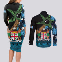 Fiji Day Couples Matching Long Sleeve Bodycon Dress and Long Sleeve Button Shirt Palm Tree With Plumeria Tapa Tribal Pattern LT03 - Polynesian Pride