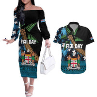 Fiji Day Couples Matching Off The Shoulder Long Sleeve Dress and Hawaiian Shirt Palm Tree With Plumeria Tapa Tribal Pattern LT03 Blue - Polynesian Pride