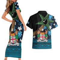 Fiji Day Couples Matching Short Sleeve Bodycon Dress and Hawaiian Shirt Palm Tree With Plumeria Tapa Tribal Pattern LT03 - Polynesian Pride