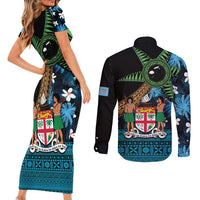Fiji Day Couples Matching Short Sleeve Bodycon Dress and Long Sleeve Button Shirt Palm Tree With Plumeria Tapa Tribal Pattern LT03 - Polynesian Pride
