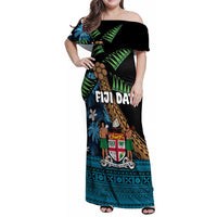 Fiji Day Family Matching Off Shoulder Maxi Dress and Hawaiian Shirt Palm Tree With Plumeria Tapa Tribal Pattern LT03 Mom's Dress Blue - Polynesian Pride