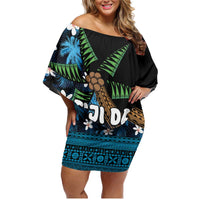 Fiji Day Family Matching Off Shoulder Short Dress and Hawaiian Shirt Palm Tree With Plumeria Tapa Tribal Pattern LT03 Mom's Dress Blue - Polynesian Pride
