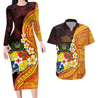 Tonga Culture Couples Matching Long Sleeve Bodycon Dress and Hawaiian Shirt Ngatu Pattern with Plumeria and Hibiscus LT03 Black - Polynesian Pride