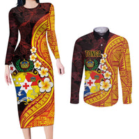 Tonga Culture Couples Matching Long Sleeve Bodycon Dress and Long Sleeve Button Shirt Ngatu Pattern with Plumeria and Hibiscus LT03 Black - Polynesian Pride