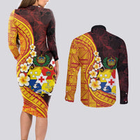 Tonga Culture Couples Matching Long Sleeve Bodycon Dress and Long Sleeve Button Shirt Ngatu Pattern with Plumeria and Hibiscus LT03 - Polynesian Pride
