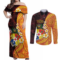 Tonga Culture Couples Matching Off Shoulder Maxi Dress and Long Sleeve Button Shirt Ngatu Pattern with Plumeria and Hibiscus LT03 Black - Polynesian Pride