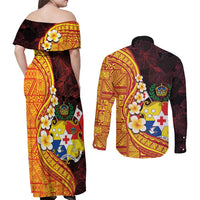 Tonga Culture Couples Matching Off Shoulder Maxi Dress and Long Sleeve Button Shirt Ngatu Pattern with Plumeria and Hibiscus LT03 - Polynesian Pride