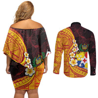 Tonga Culture Couples Matching Off Shoulder Short Dress and Long Sleeve Button Shirt Ngatu Pattern with Plumeria and Hibiscus LT03 - Polynesian Pride