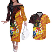 Tonga Culture Couples Matching Off The Shoulder Long Sleeve Dress and Hawaiian Shirt Ngatu Pattern with Plumeria and Hibiscus LT03 Black - Polynesian Pride