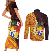 Tonga Culture Couples Matching Short Sleeve Bodycon Dress and Long Sleeve Button Shirt Ngatu Pattern with Plumeria and Hibiscus LT03 - Polynesian Pride