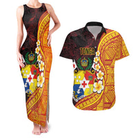 Tonga Culture Couples Matching Tank Maxi Dress and Hawaiian Shirt Ngatu Pattern with Plumeria and Hibiscus LT03 Black - Polynesian Pride