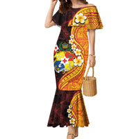 Tonga Culture Family Matching Mermaid Dress and Hawaiian Shirt Ngatu Pattern with Plumeria and Hibiscus LT03 Mom's Dress Black - Polynesian Pride