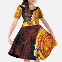 Tonga Culture Family Matching Off Shoulder Maxi Dress and Hawaiian Shirt Ngatu Pattern with Plumeria and Hibiscus LT03 Daughter's Dress Black - Polynesian Pride