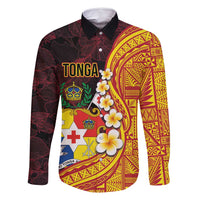 Tonga Culture Family Matching Off Shoulder Maxi Dress and Hawaiian Shirt Ngatu Pattern with Plumeria and Hibiscus LT03 Dad's Shirt - Long Sleeve Black - Polynesian Pride