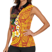 Tonga Culture Women Sleeveless Polo Shirt Ngatu Pattern with Plumeria and Hibiscus LT03 - Polynesian Pride