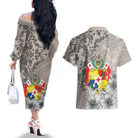 Tonga Culture Couples Matching Off The Shoulder Long Sleeve Dress and Hawaiian Shirt Ngatu Pattern and Blooming Hibiscus LT03 - Polynesian Pride