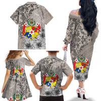 Tonga Culture Family Matching Off The Shoulder Long Sleeve Dress and Hawaiian Shirt Ngatu Pattern and Blooming Hibiscus LT03 - Polynesian Pride