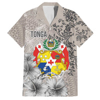 Tonga Culture Family Matching Off Shoulder Maxi Dress and Hawaiian Shirt Ngatu Pattern and Blooming Hibiscus LT03 Dad's Shirt - Short Sleeve Light Gray - Polynesian Pride