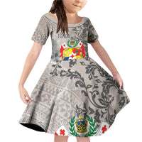 Tonga Culture Family Matching Off Shoulder Short Dress and Hawaiian Shirt Ngatu Pattern and Blooming Hibiscus LT03 Daughter's Dress Light Gray - Polynesian Pride
