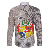 Tonga Culture Family Matching Off Shoulder Short Dress and Hawaiian Shirt Ngatu Pattern and Blooming Hibiscus LT03 Dad's Shirt - Long Sleeve Light Gray - Polynesian Pride